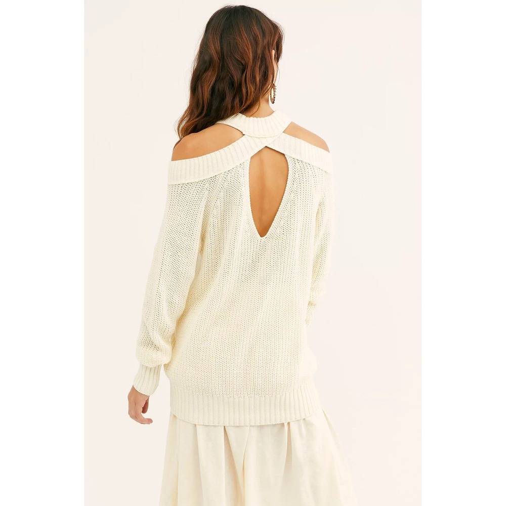 Free People Half Moon Bay Pullover Sweater Size M Ivory Cutout Back Chunky Knit